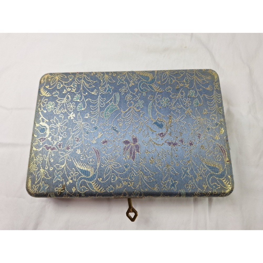 Vintage Blue Silk Brocade Jewelry Box Gold Floral Bird Pattern with Key - Picture 7 of 13